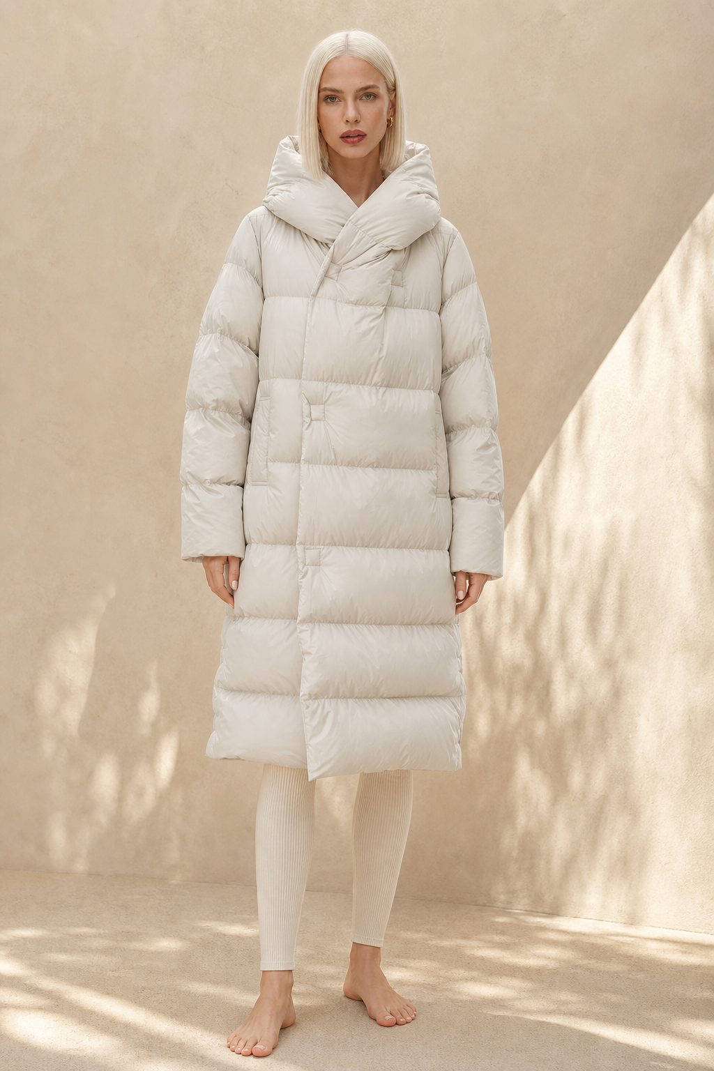 Model wearing a long black puffer parka with oversized fit and structured hood, styled with cream trousers and black ankle boots_14