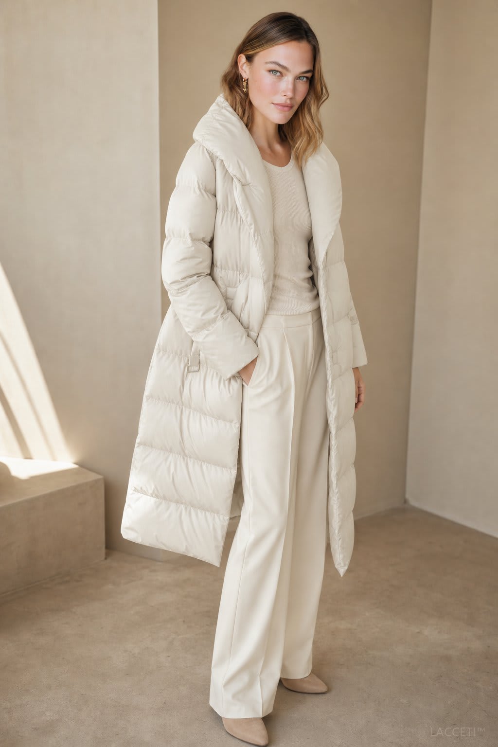 Model wearing a long black puffer parka with oversized fit and structured hood, styled with cream trousers and black ankle boots_6