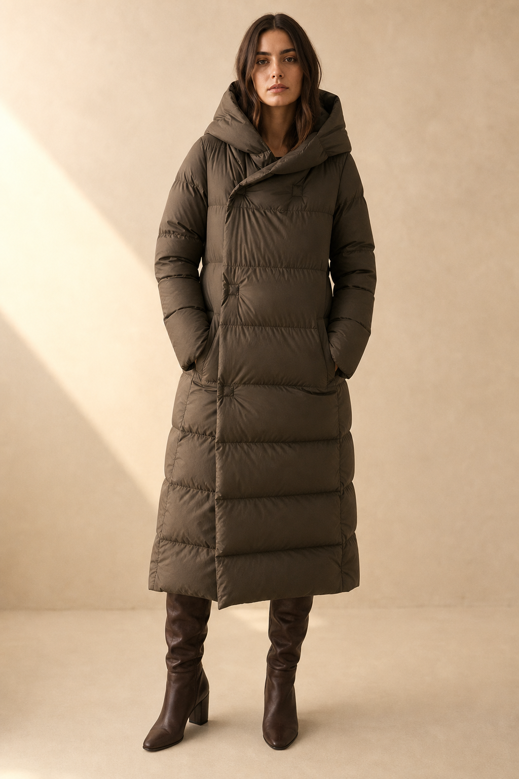 Model wearing a long black puffer parka with oversized fit and structured hood, styled with cream trousers and black ankle boots_9