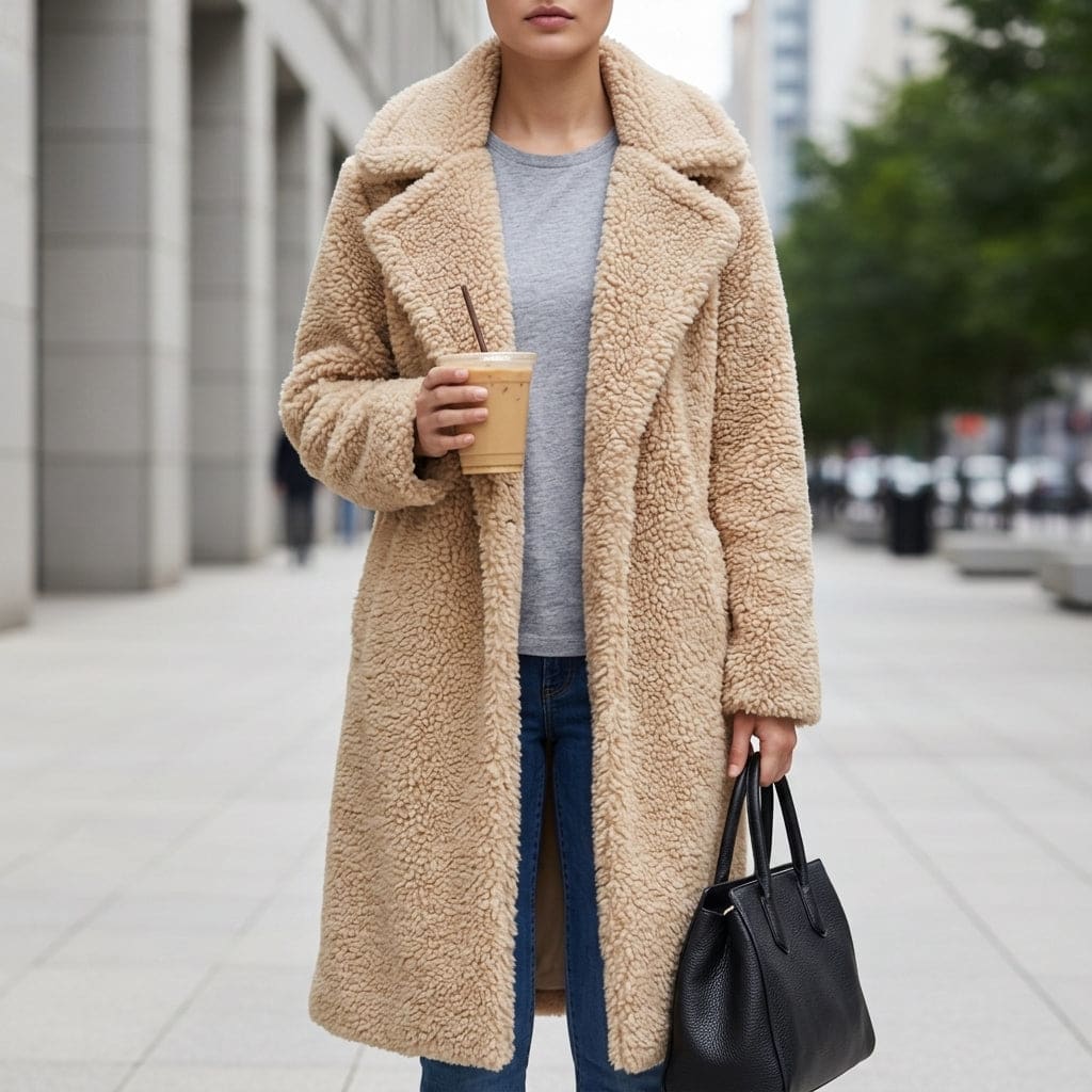 Woman wearing a long beige coat with a soft textured finish and oversized collar, holding a coffee cup on a city street._0