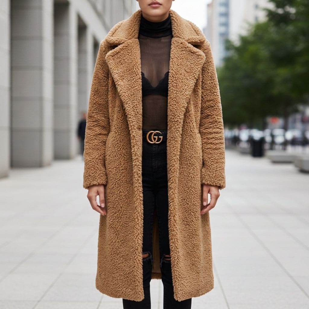 Danielle | Long Teddy Coat with Soft Textured Finish and Oversized Collar