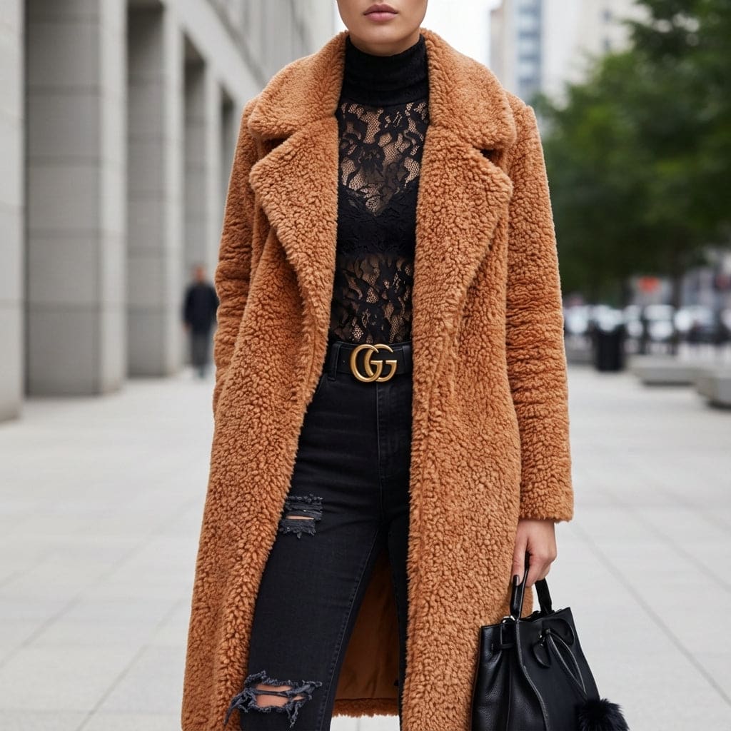 Danielle | Long Teddy Coat with Soft Textured Finish and Oversized Collar