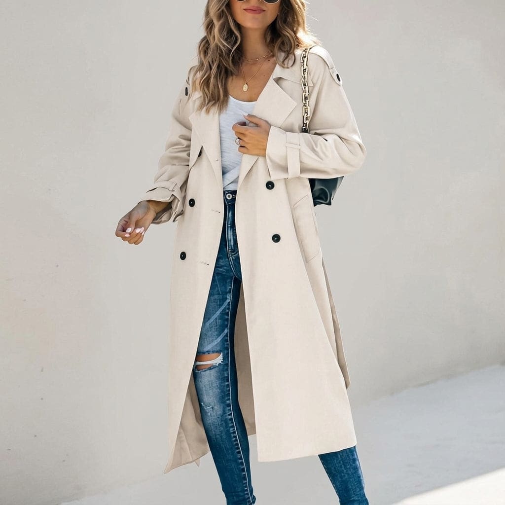 Woman wearing a long beige trench coat with double breasted closure and waist belt over a white top and distressed jeans_0