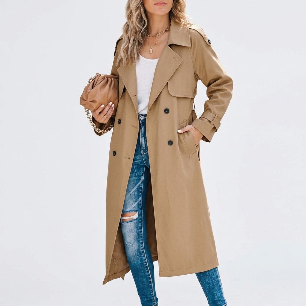 Alison | Long Trench Coat with Double Breasted Closure and Belted Waist