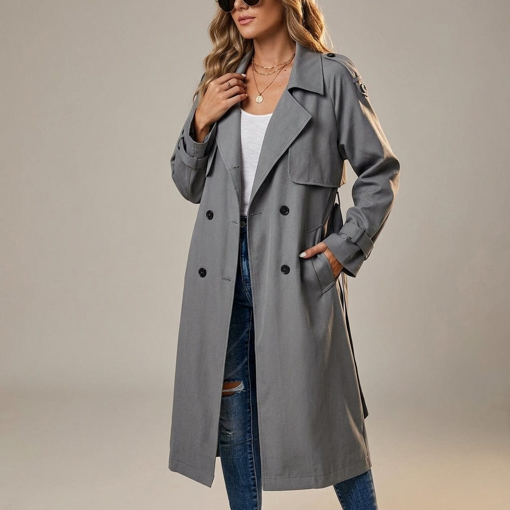Alison | Long Trench Coat with Double Breasted Closure and Belted Waist