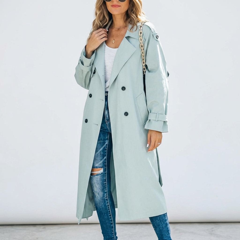 Alison | Long Trench Coat with Double Breasted Closure and Belted Waist