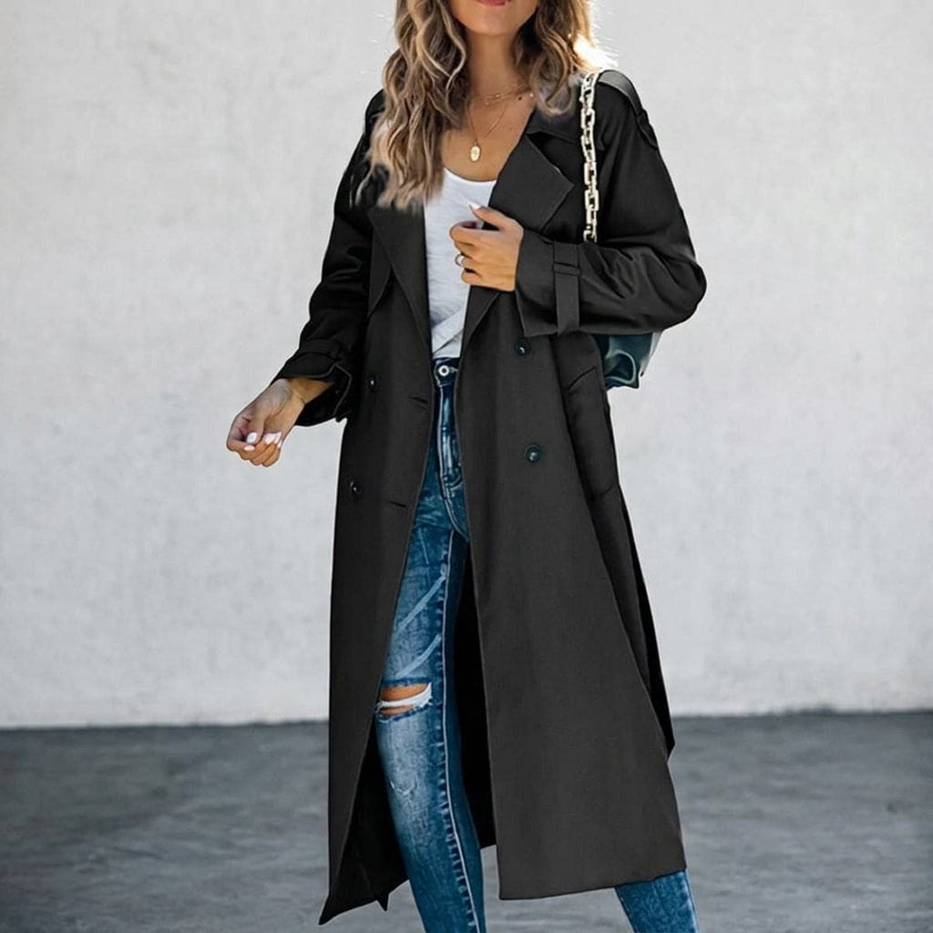 Alison | Long Trench Coat with Double Breasted Closure and Belted Waist