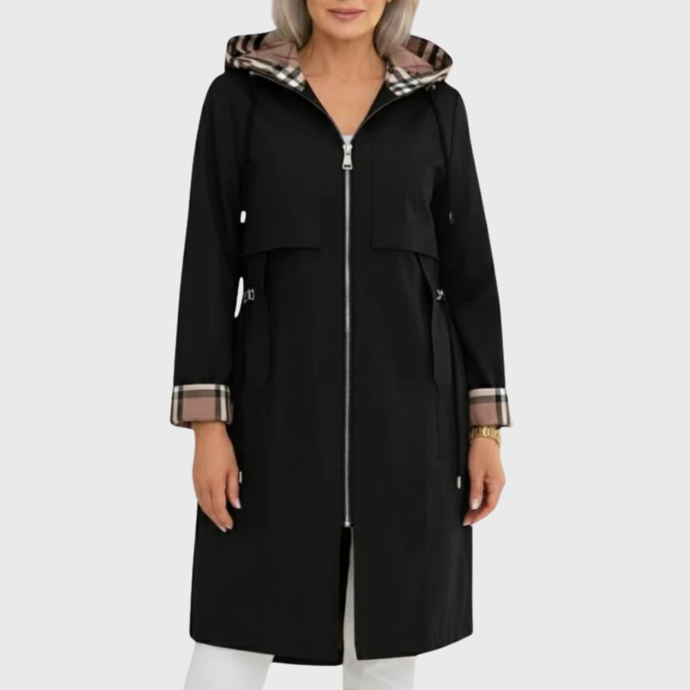 Molly | Longline Hooded Trench Coat with Zip Front and Adjustable Drawstring Waist