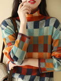Sarah | Loose Fit Turtleneck Jumper with Colorblock Plaid Pattern