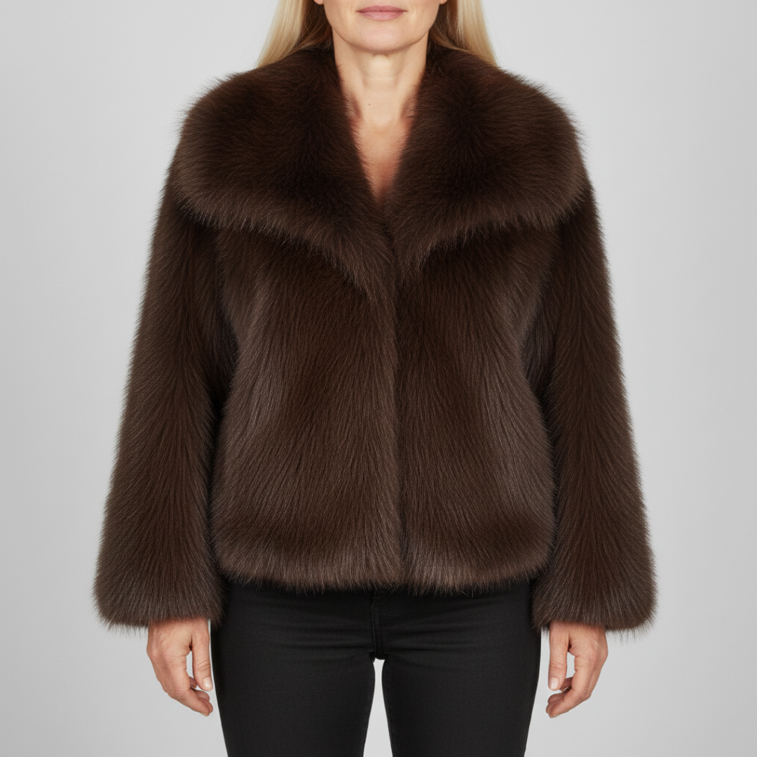 Woman wearing a cropped jacket with an oversized collar and soft, plush texture paired with black pants_0