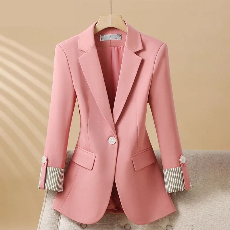 Front view of a single button blazer with notched lapels, flap pockets, and turned-up striped cuffs._0