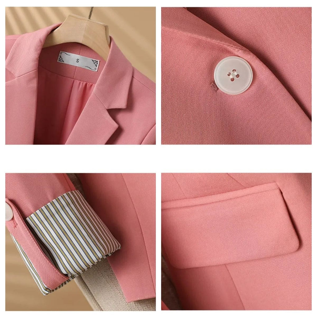 Front view of a single button blazer with notched lapels, flap pockets, and turned-up striped cuffs._4