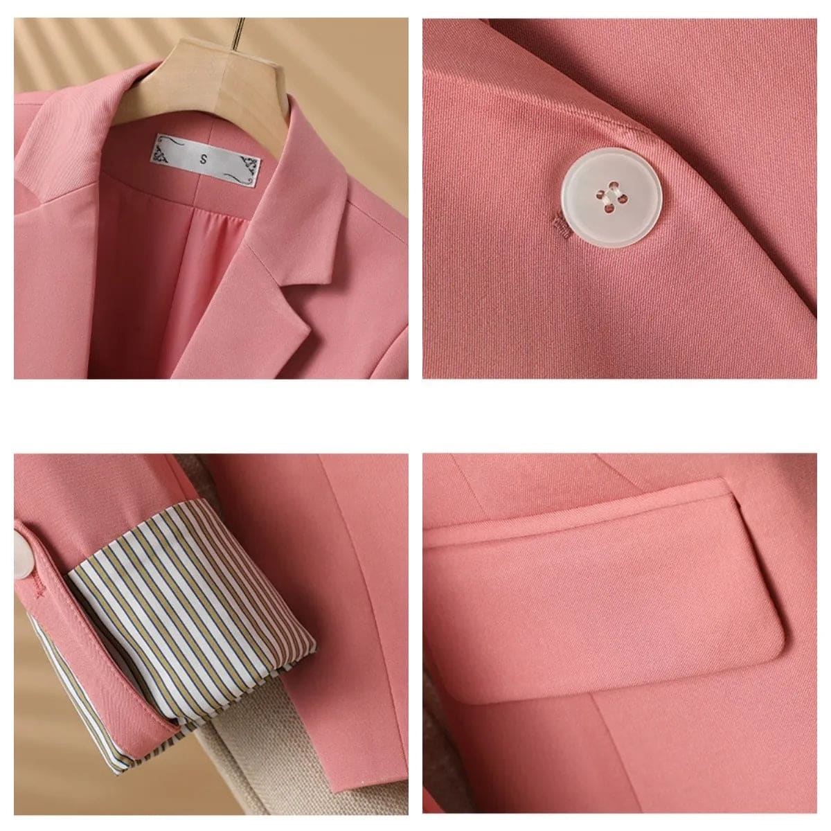 Front view of a single button blazer with notched lapels, flap pockets, and turned-up striped cuffs._4