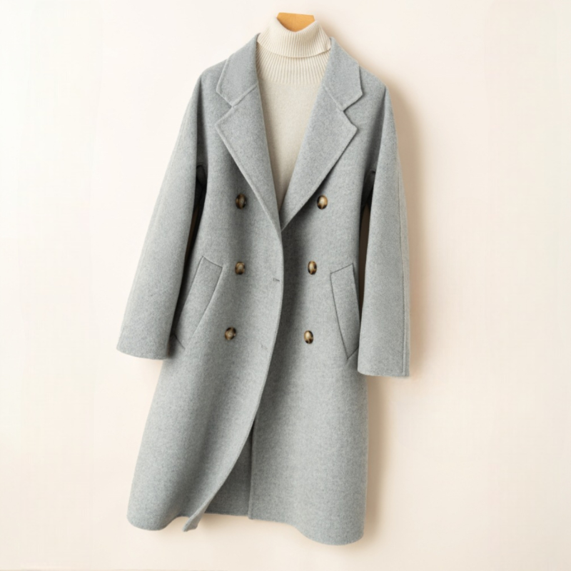 Margaret | Double Breasted Longline Coat With Notched Lapels