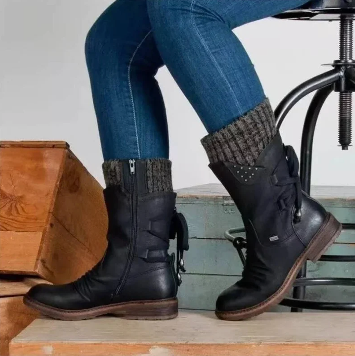 Abigail | Mid-Calf Boots With Lace-Up Detail And Studded Accents