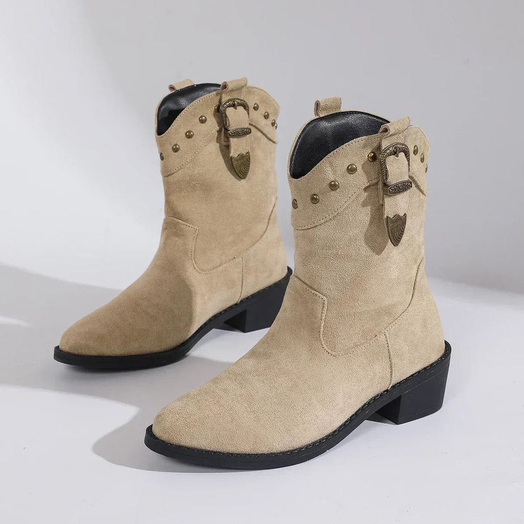 Michelle | Mid-Calf Boots with Studded Buckle Strap Detail