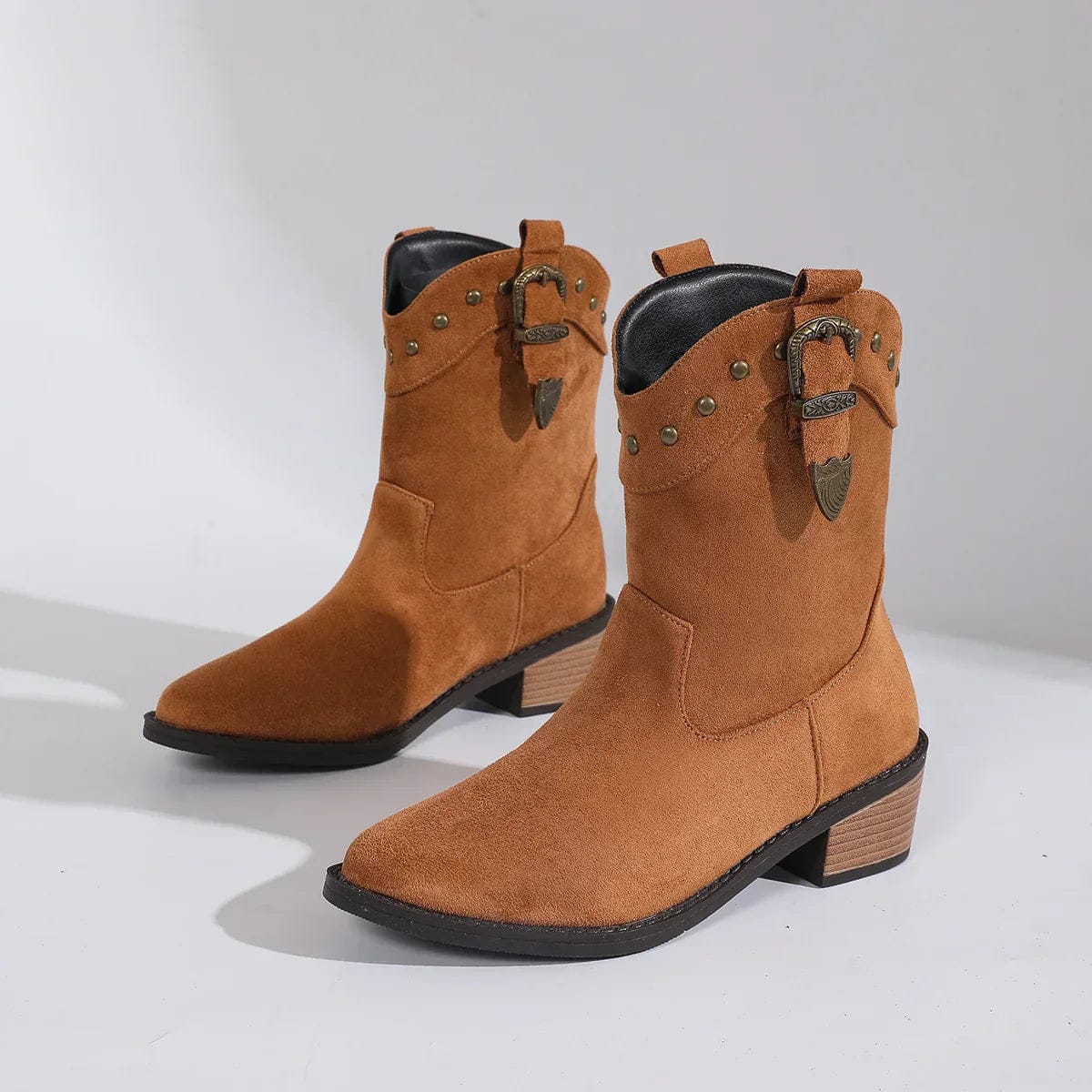 Michelle | Mid-Calf Boots with Studded Buckle Strap Detail