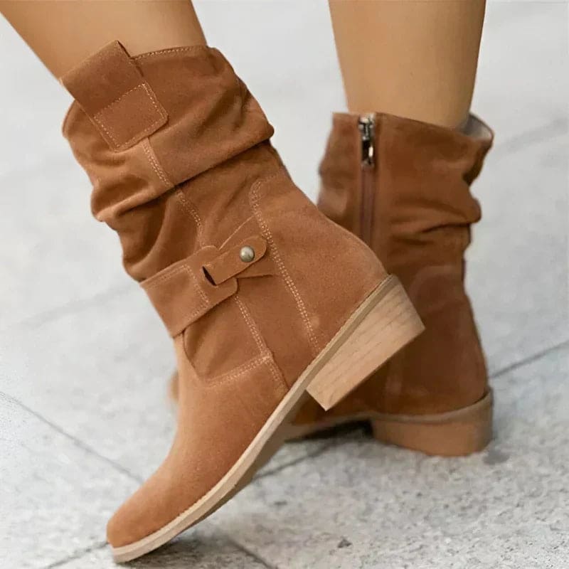 Megan | Mid Calf Boots with Wrap Straps and Block Heel