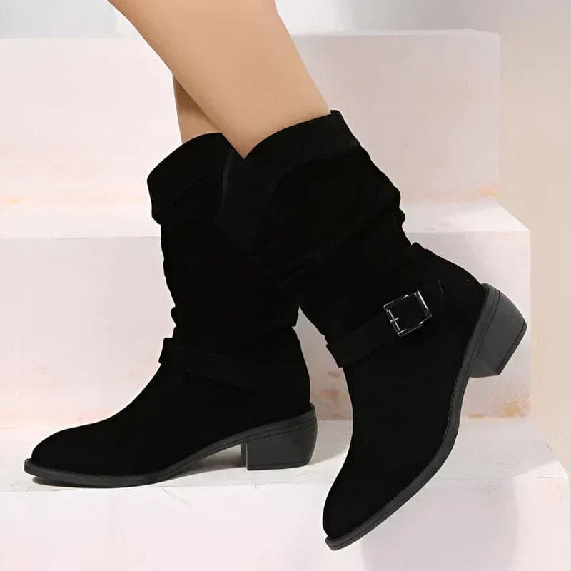 Megan | Mid Calf Boots with Wrap Straps and Block Heel