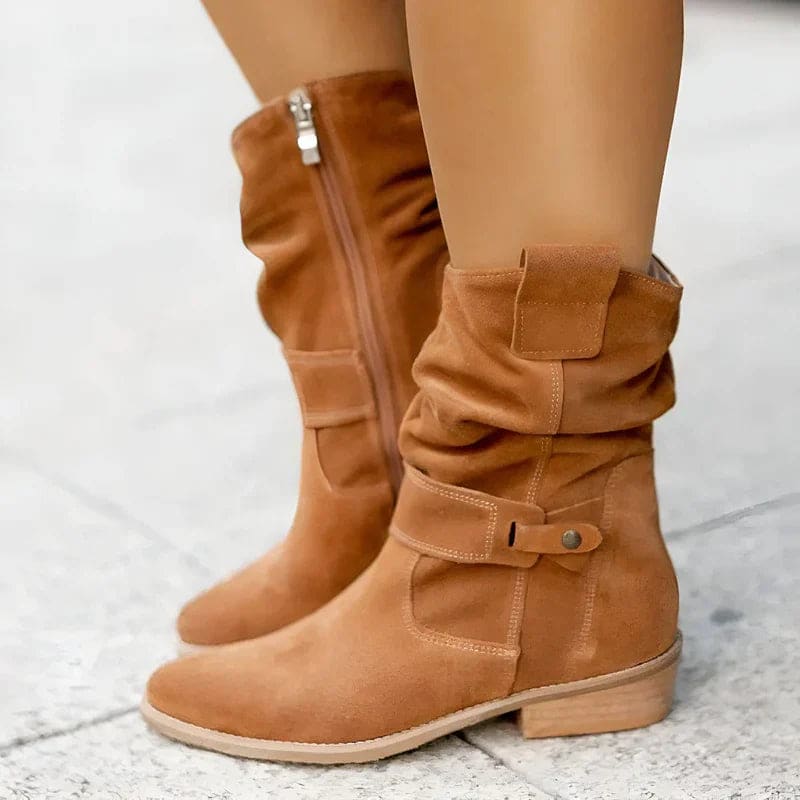 Woman wearing mid-calf boots with wrap straps and a low block heel._6