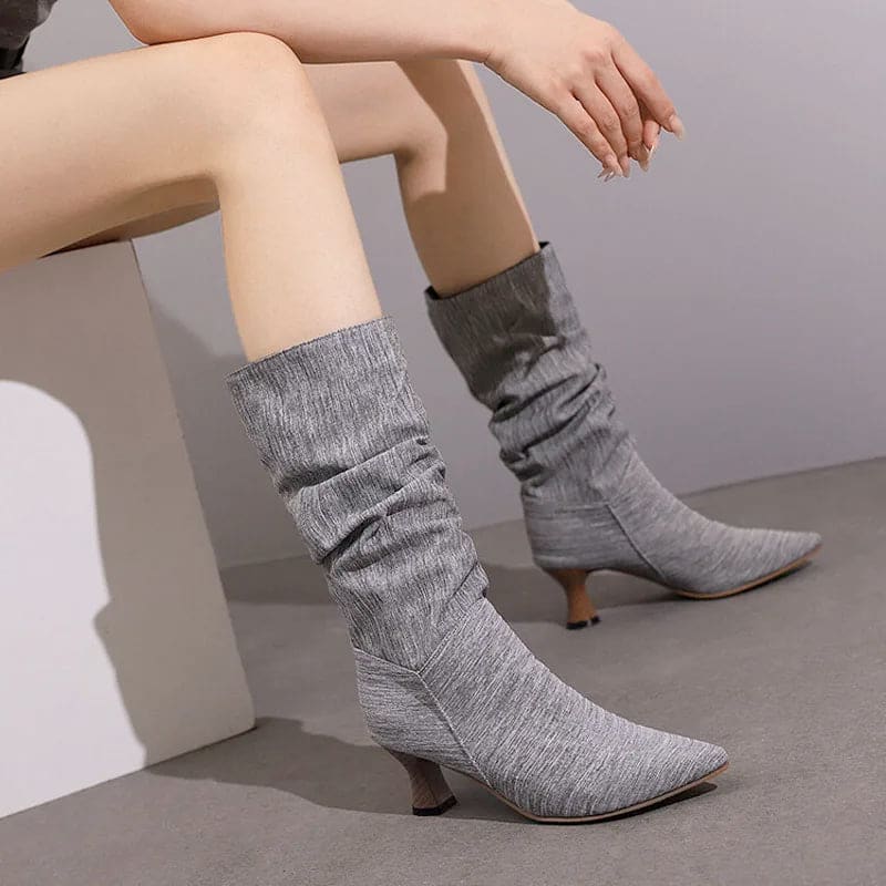 Rachel | Mid-Calf Slouch Boots with Pointed Toe and Sculpted Heel