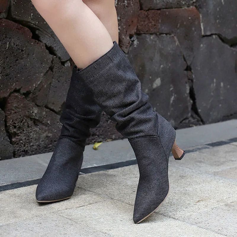 Rachel | Mid-Calf Slouch Boots with Pointed Toe and Sculpted Heel