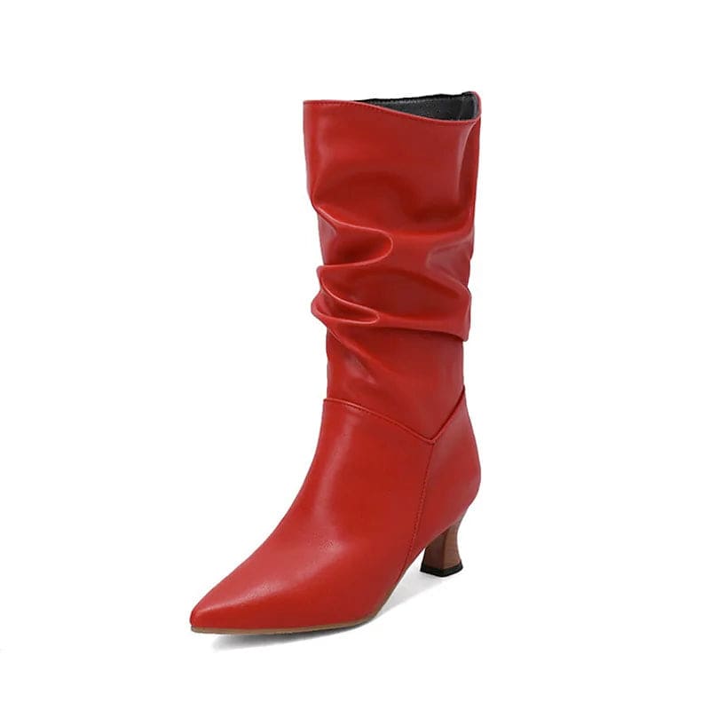 Woman wearing red mid-calf slouch boots with pointed toe and sculpted heel._4