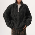 A model wears a textured zip front jacket with a high stand collar and relaxed silhouette._0