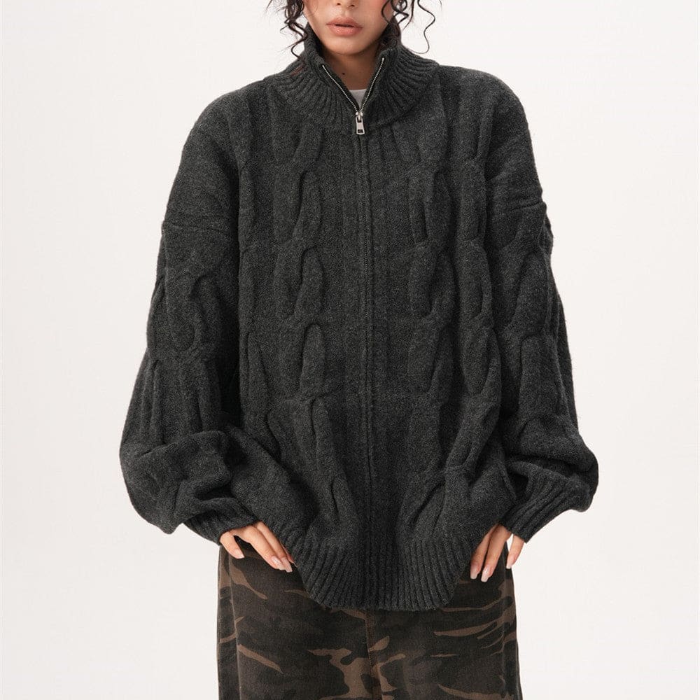 A model wears a textured zip front jacket with a high stand collar and relaxed silhouette._3