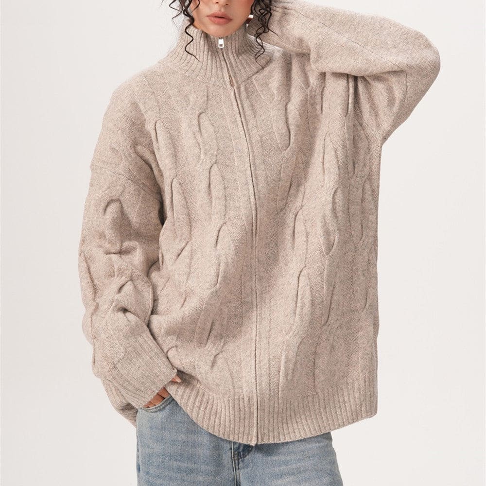 A model wears a textured zip front jacket with a high stand collar and relaxed silhouette._6
