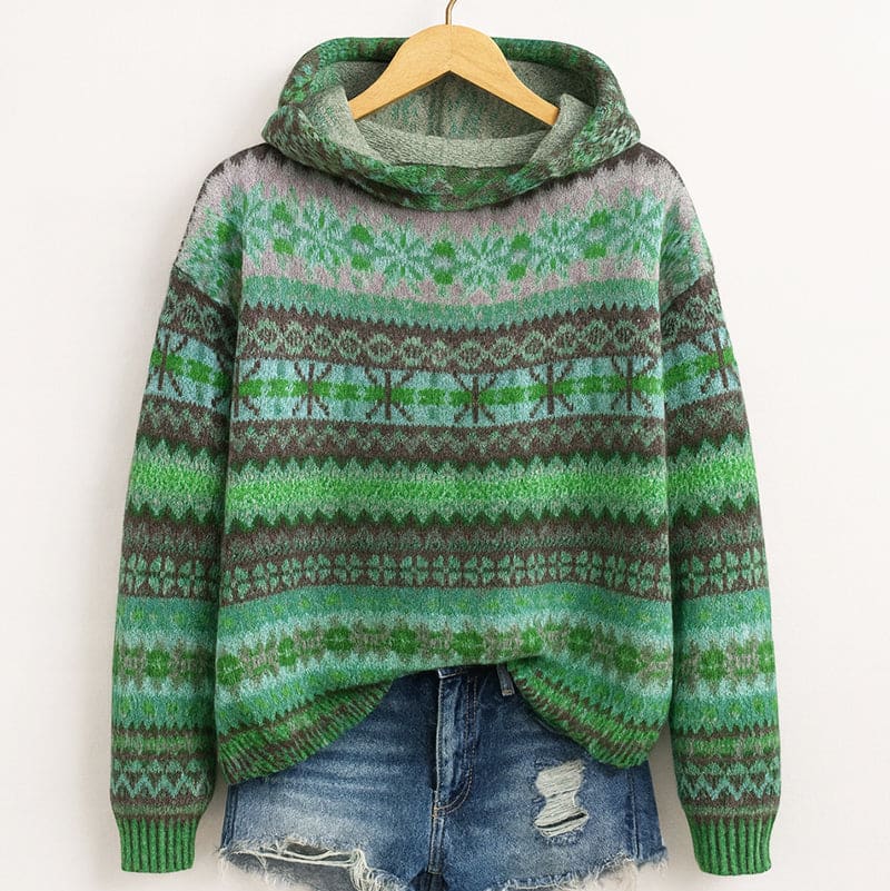 Heidi | Fair isle patterned hooded knit sweater in teal and lavender