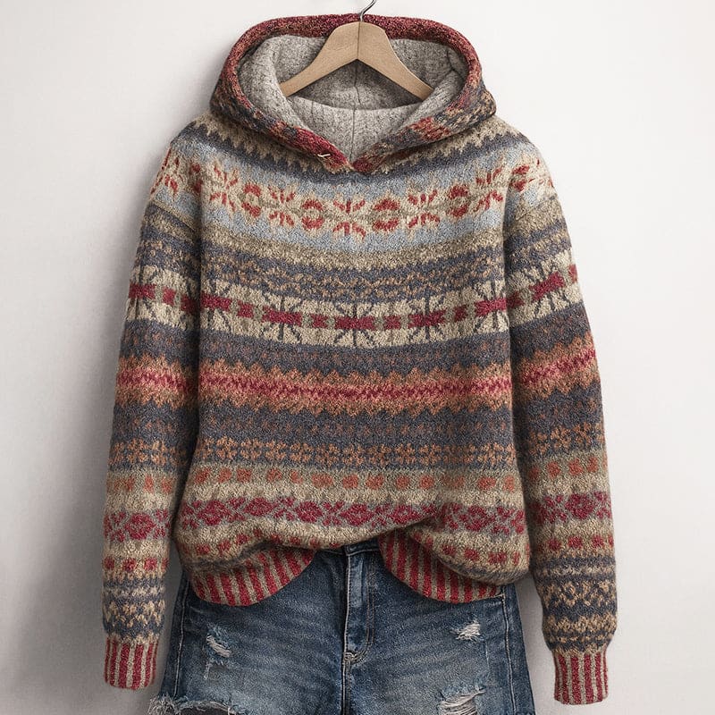 Heidi | Fair isle patterned hooded knit sweater in teal and lavender