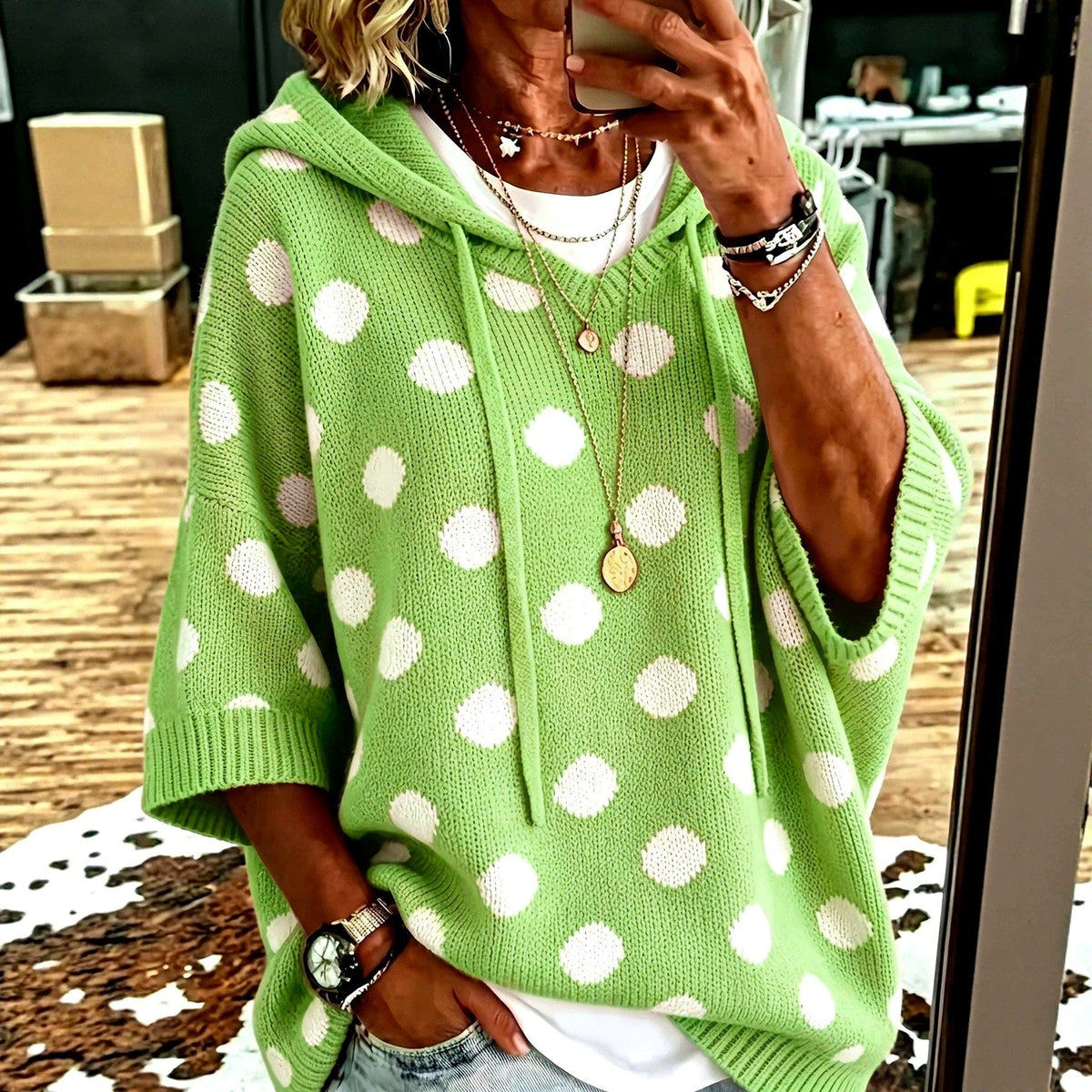 Elizabeth | polka dot hooded knit pullover with drawstring and half sleeves