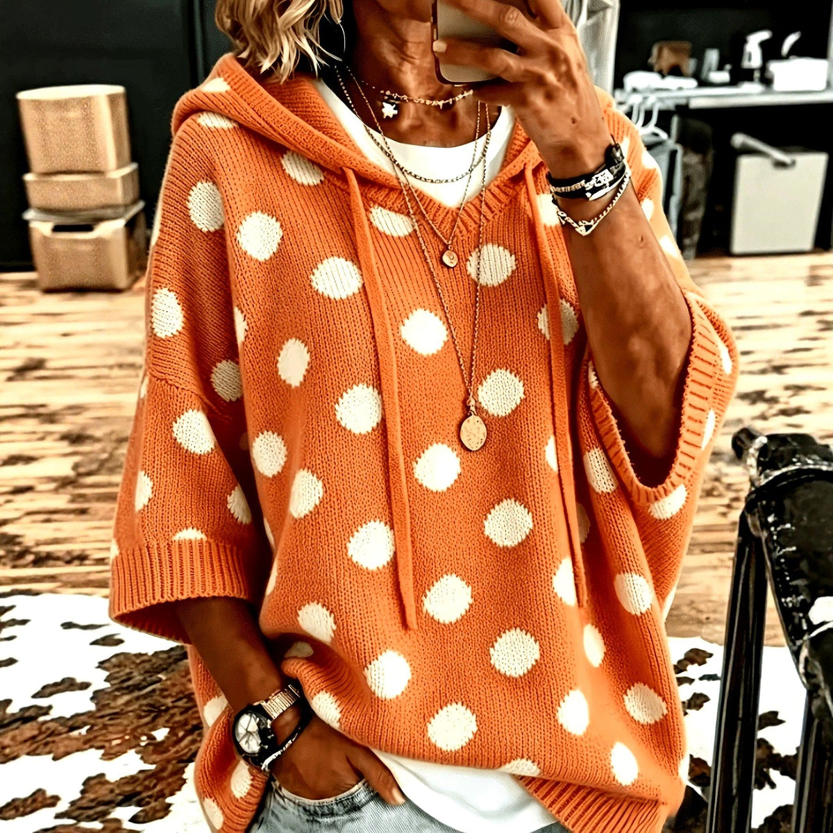 Elizabeth | polka dot hooded knit pullover with drawstring and half sleeves