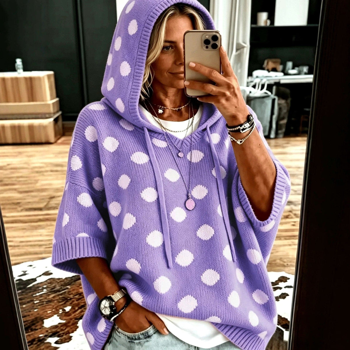 Elizabeth | polka dot hooded knit pullover with drawstring and half sleeves
