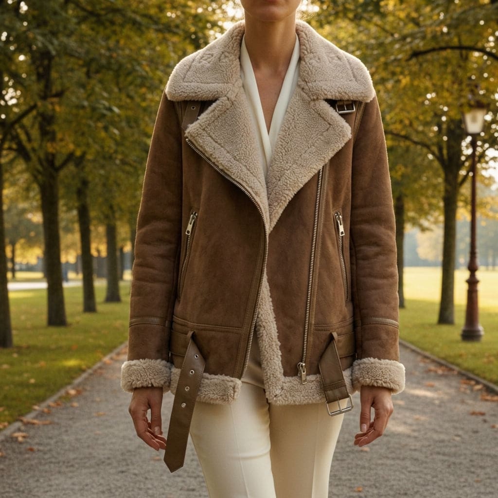 Woman wearing a brown moto jacket with sherpa-lined collar and cuffs, standing outdoors in a park during autumn._0