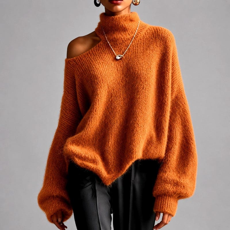 Woman wearing a burnt orange oversized turtleneck sweater with one bare shoulder and long sleeves, paired with black trousers._0