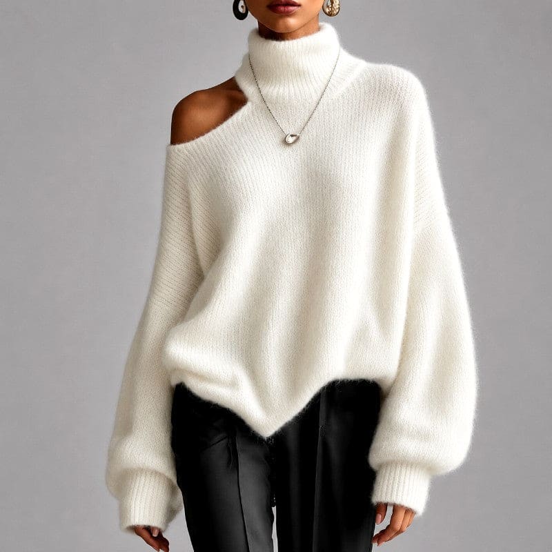 Rachel | one-shoulder turtleneck oversized knit sweater in burnt orange