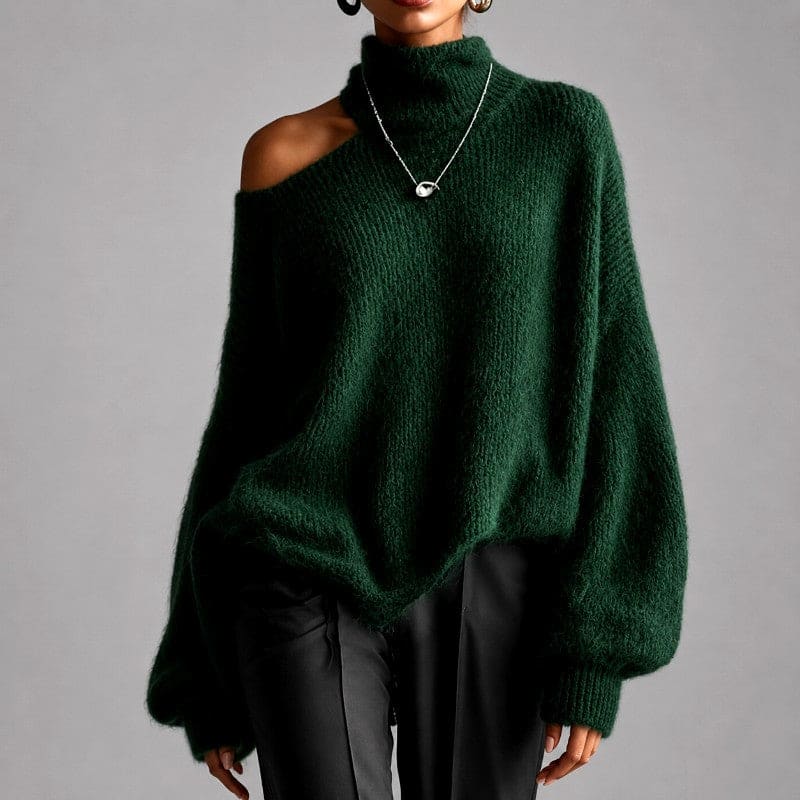 Rachel | one-shoulder turtleneck oversized knit sweater in burnt orange