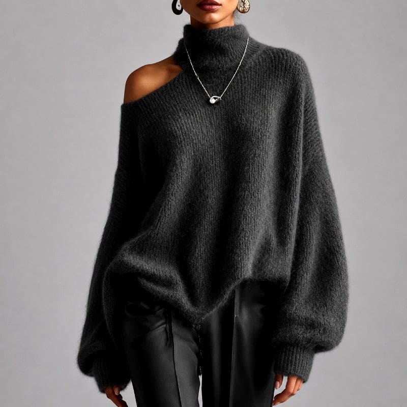 Rachel | one-shoulder turtleneck oversized knit sweater in burnt orange