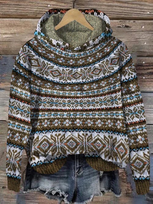 Nordic-pattern hooded sweater in olive green, cream, and brown with geometric bands across the front and ribbed sleeve cuffs.