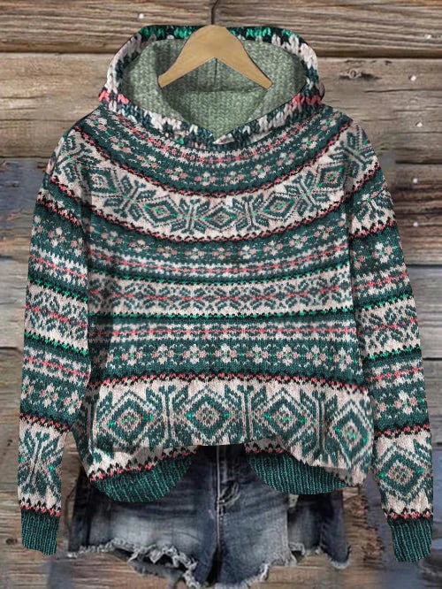 Nordic-pattern hooded sweater in deep green, cream, and red with a geometric yoke, long sleeves, and a ribbed hem.