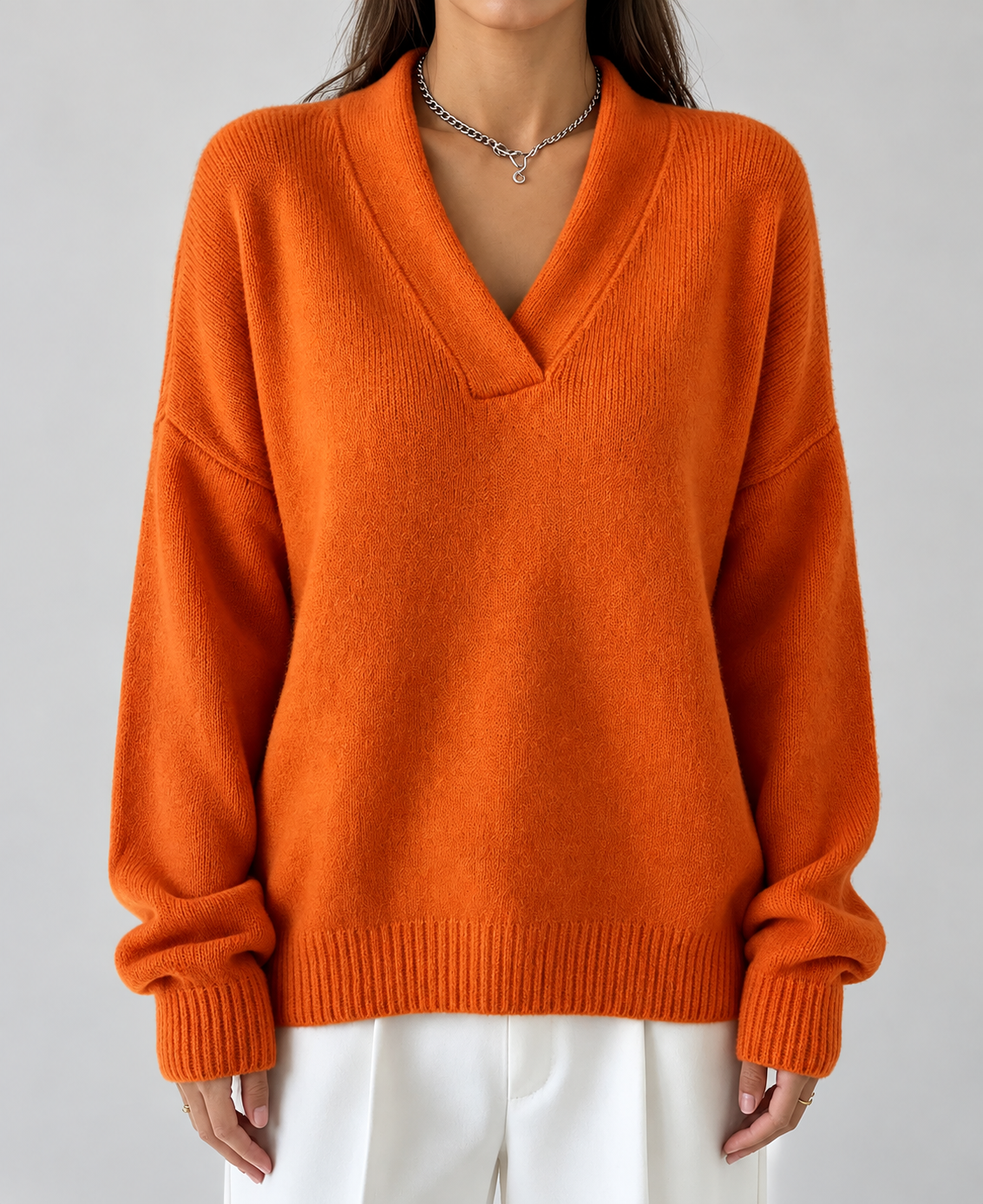 Georgina | Oversized pink v-neck knit sweater with ribbed trims