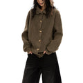 A model wears a collared button front cardigan with dropped shoulders and long sleeves._0