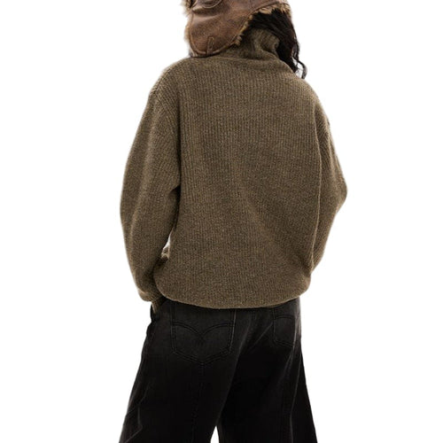 A model wears a collared button front cardigan with dropped shoulders and long sleeves._1