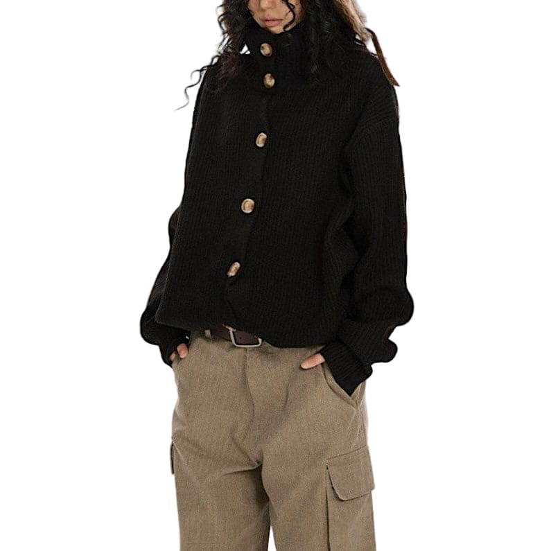 A model wears a collared button front cardigan with dropped shoulders and long sleeves._5