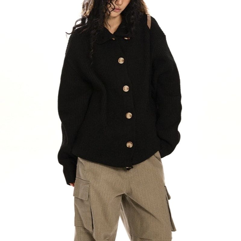 A model wears a collared button front cardigan with dropped shoulders and long sleeves._6