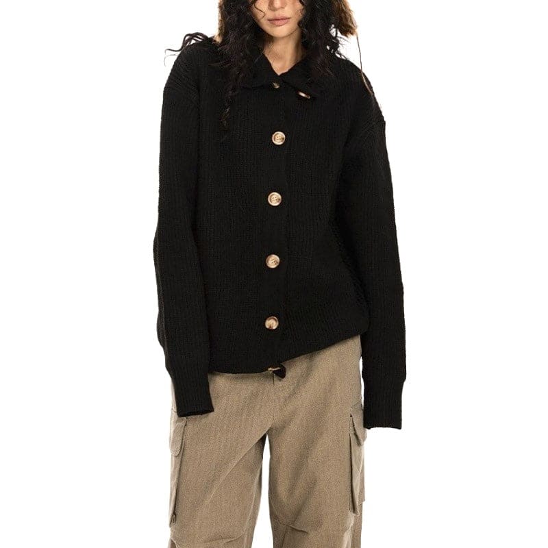 A model wears a collared button front cardigan with dropped shoulders and long sleeves._7