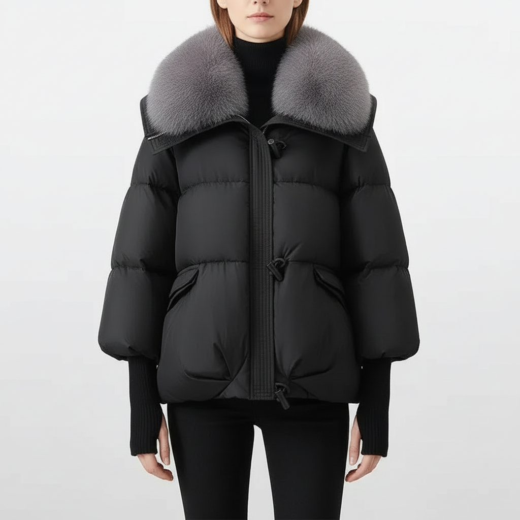 Woman wearing an oversized black puffer jacket with a wide statement collar, styled over a black turtleneck and pants._0