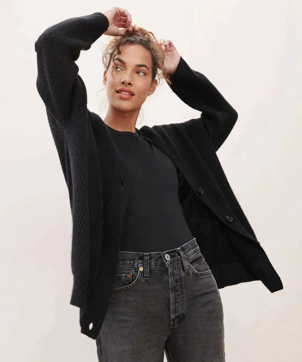 Black oversized V-neck cardigan worn open over a black top and dark jeans, with its textured knit and front buttons visible.